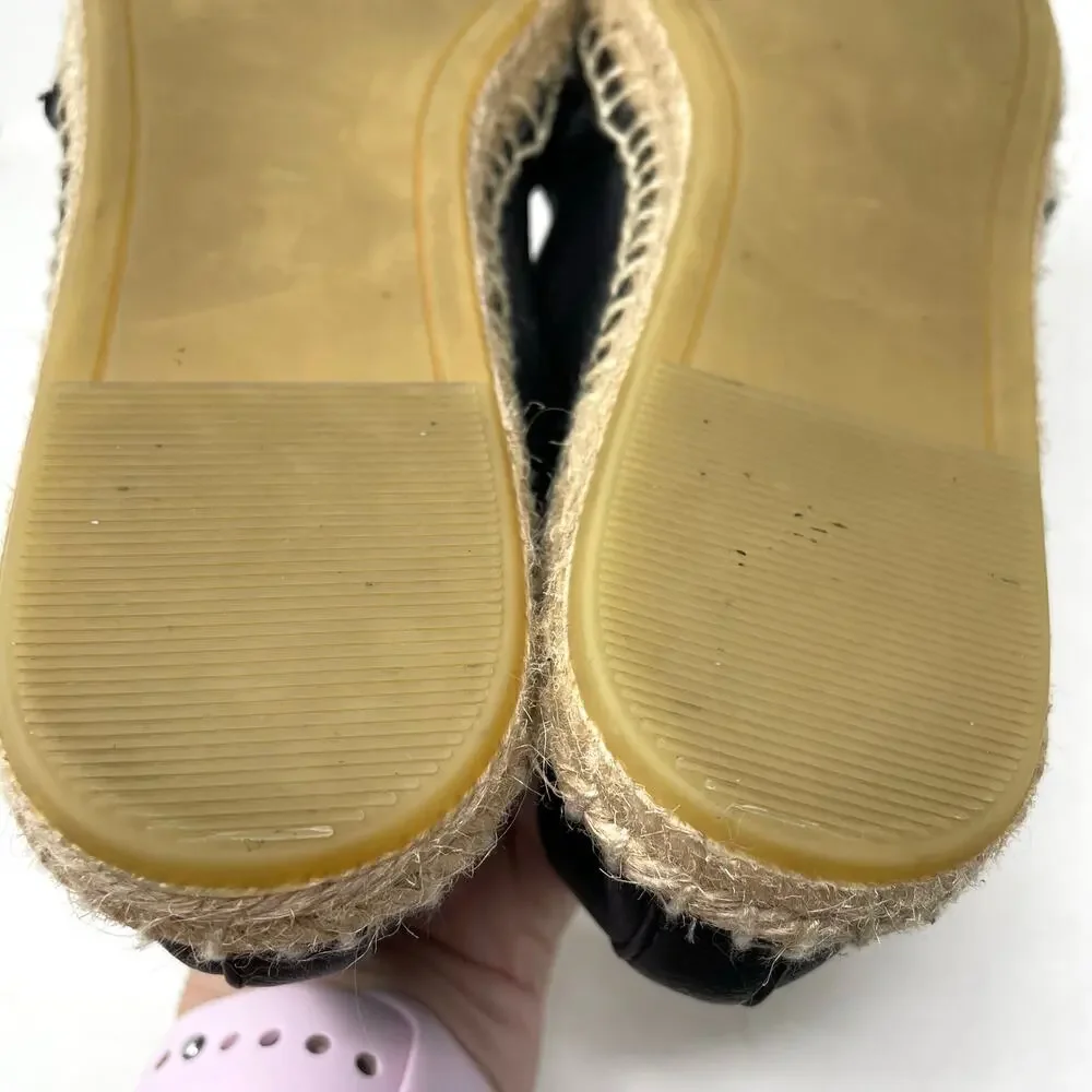 Tory Burch Everly Espadrille Waxed Woven Rope Crochet Shoes Black Leather 7